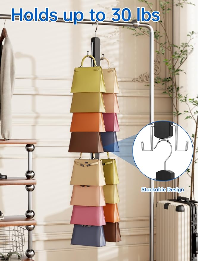 NiHome Purse Organizer for Closet, 360° Rotating Purse Hanger, 2 Pack | Wood & Metal 8 Wide Hooks, Space-Saving Handbag Holder Storage Rack for Backpacks, Hats, Scarves, Belts - Black