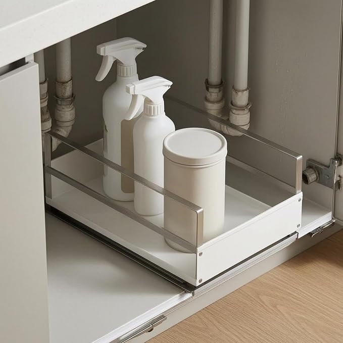 Gralara Pull out Cabinet Organizer Open-Top Cabinet Drawer Basket Rectangular, Large White Pull-out Basket