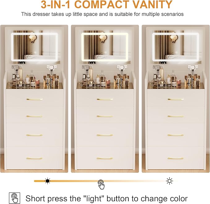 3 in 1 Vanity Desk with Mirror and Lights,Small Make Up Vanity Set with Visible Glass Desktop,Compact Makeup Vanity with 3 Drawers & Chair, Dressing Table for Bedroom