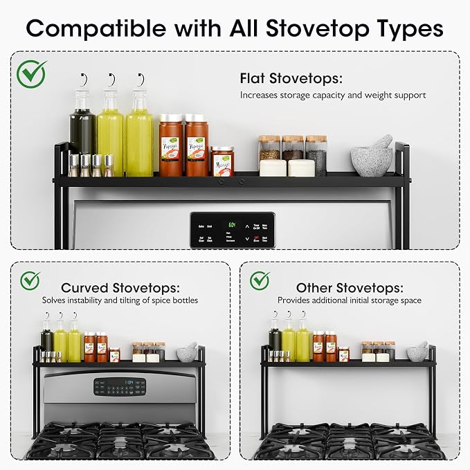 Bumusty Adjustable High Stand Stove Top Shelf – Expandable 4-Level Spice Rack and Kitchen Countertop Organizer, Anti-Slip Metal, 27"–33" Length, 11"–14" Height, Black