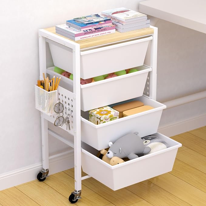 Rolling Cart with Drawers, Rolling Storage Cart with 4 Large Plastic Drawers & Wooden Tabletop, Utility Cart with Pegboards & Basket, Storage Drawers Cart for Living Room, Classroom, Bedroom, Office