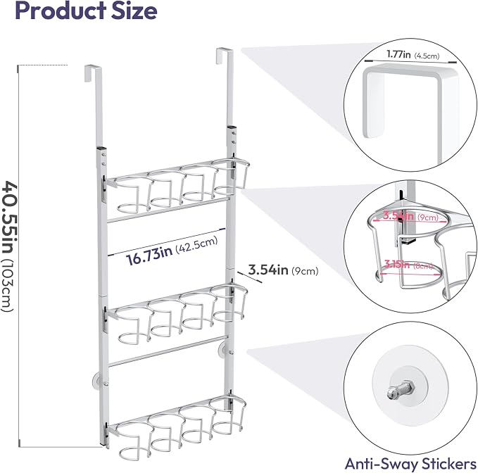 SWTYMIKI 3-Tier Water Bottle Organizer – Over the Door Stanley Cup Holder, Cup Organizer for Door or Wall Mount Option, Stanley Accessories for Pantry, Dorm, Office, RV Use, Silver