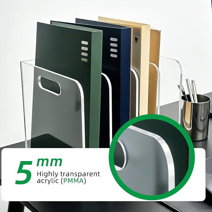 Clear Acrylic Magazine File Holder, 4 Compartment Desk Organizer | 4 spacious vertical compartments hold magazines, files, books & more. Clear acrylic, non-slip base. No assembly, portable.