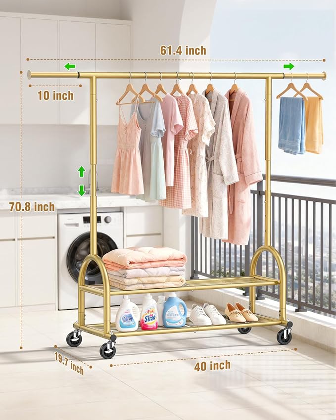 EAGMAK Heavy Duty Clothes Rack for Hanging Clothes Load 556 LBS, Height Adjustable Rolling Clothing Racks, Portable Metal Coat Rack Garment Wardrobe with Wheels and Shelves for Bedroom Laundry, Gold
