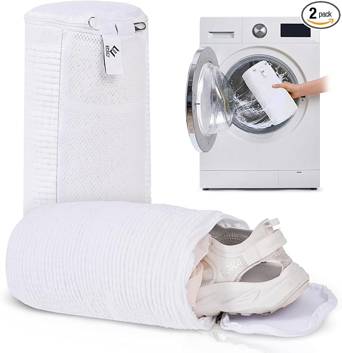 EPSCY Shoe Washing Machine Bags - Reusable Sneaker Laundry Shoe Bag with 360° Deep Clean Mesh - Self Locking Zipper, Noise Reduction Washing Bag Fits All Shoes Sizes and Types - White, Pack of 2