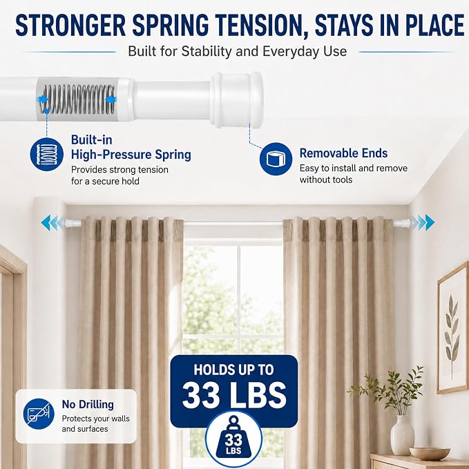 2 Pack No Sectional Assembly Tension Curtain Rods 42-78 Inch | 1" Diameter Spring Long Adjustable Shower Curtain Rods for Bathroom Windows Closet No Drilling No Rust, White