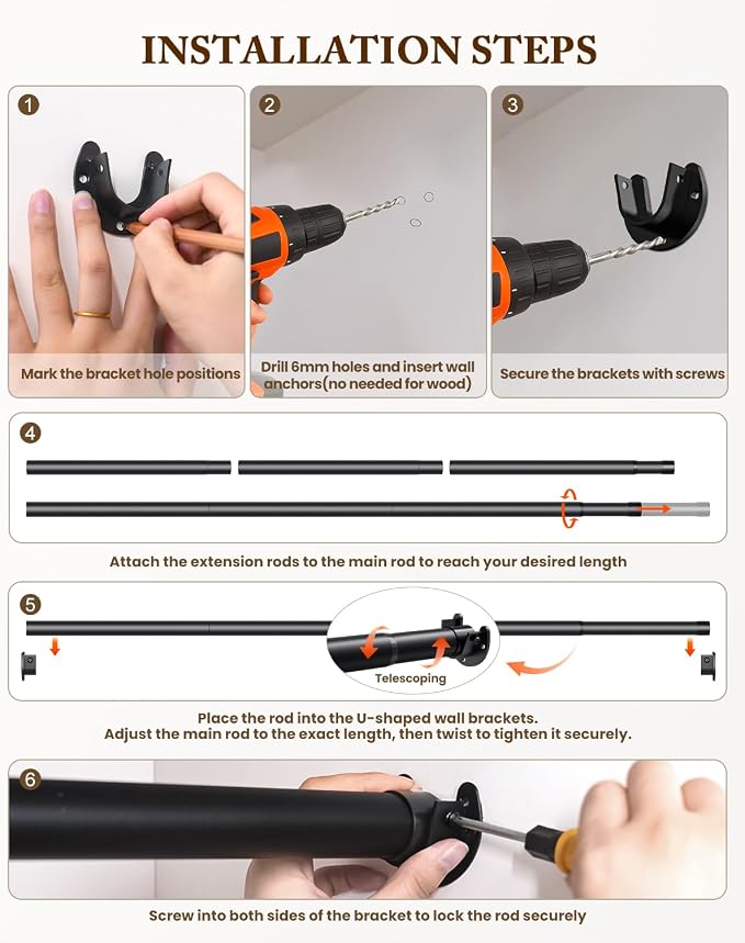 Closet Rod, 17-99 IN Closet Rods for Hanging Clothes, Black | Stepless Adjustable, Supports up to 66 lbs, Multiple Size Options, Easy Installation, Multi Purpose, Wall-Mounted