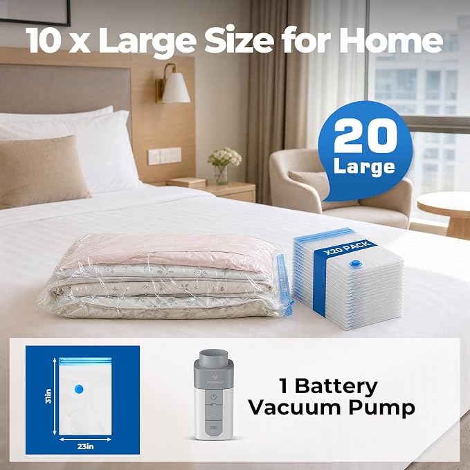 ETENWOLF Vacuum Storage Bags for Travel with Rechargeable Wireless Pump, Vacuum Seal Bags for Clothes and Travel, Space Saver Bags in Carry-On Sizes, Perfect for Luggage and Suitcases, 20 Large