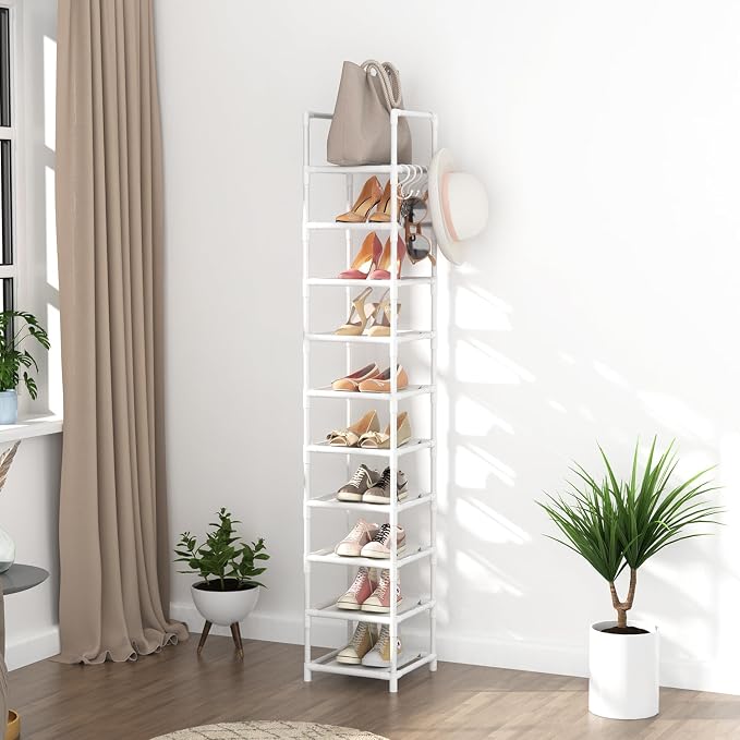 LANTEFUL Tall Narrow Shoe Rack 10-Tier Skinny Shoe Shelf Storage for 10-15 Pairs Shoes and Boots, Space Saving Corner Shoe Rack Organizer for Closet, Entryway, Garage, Living Room,White