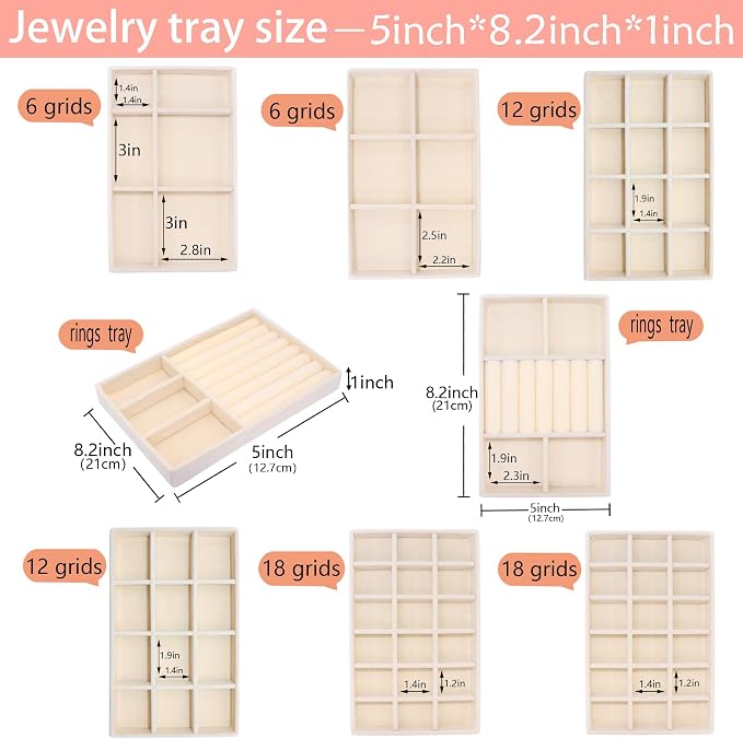 8 Stackable Jewelry Trays Organizer for Drawers Jewellry Storage Display Case for Earring Rings Necklace Bracelet Watch with Removable Dividers