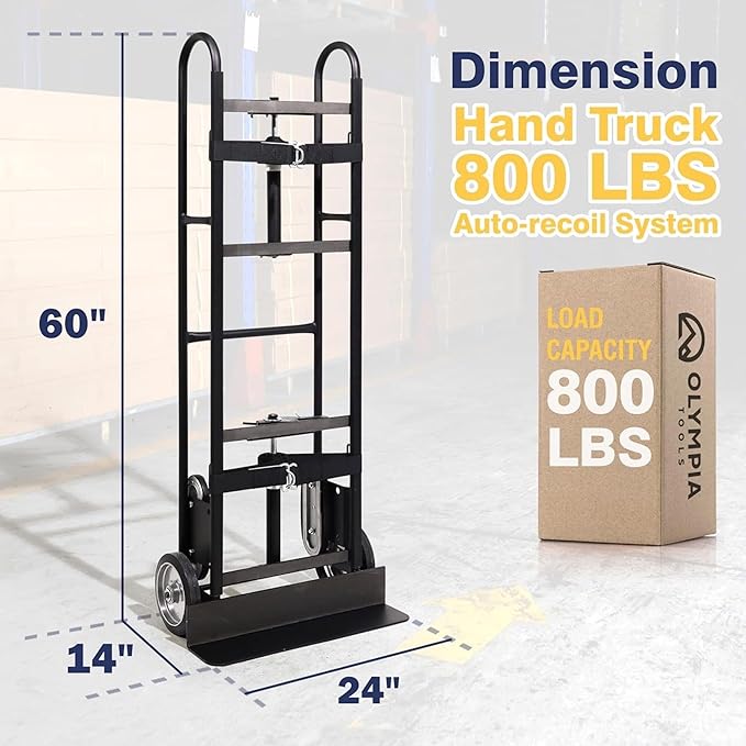 Olympia Tools 800LB Auto-Recoil Appliance Hand Truck - Moving Hand Truck with Easy-to-use Belt Tightener for Transport Large/Bulky Appliances Refrigerator Dolly - Heavy-Duty Furniture Dolly Trolley