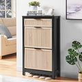 2 Flip Drawers Shoe Cabinet Storage for Entryway, Narrow Shoes Organizer Cabinet for Front Door Entrance, Hidden Wooden Hallway Shoe Rack(Oak&Black)