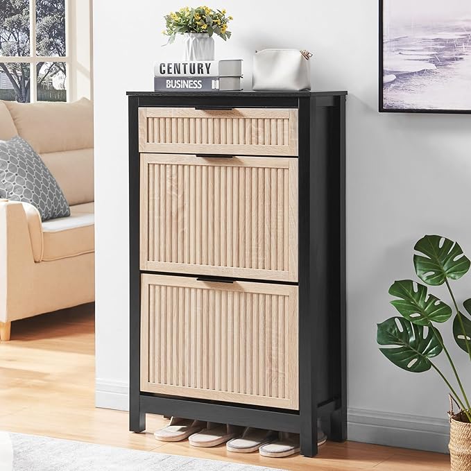 2 Flip Drawers Shoe Cabinet Storage for Entryway, Narrow Shoes Organizer Cabinet for Front Door Entrance, Hidden Wooden Hallway Shoe Rack(Oak&Black)