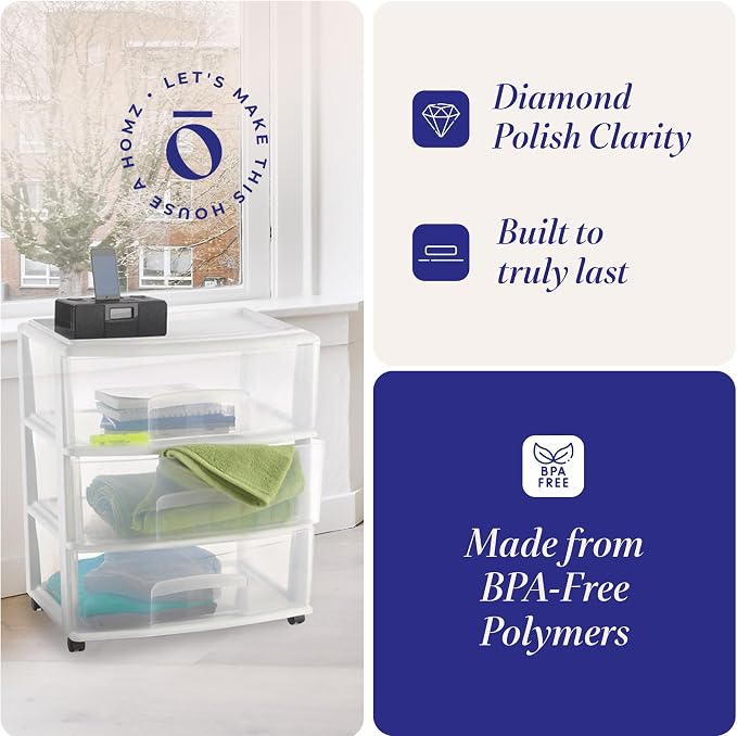 HOMZ Drawer Tower, 3-Tier Wide Rolling Storage Cart with Removable Wheels, White Frame – Plastic Organizer with Clear Bin Drawers for Bedroom, Bathroom, Home Office, and Dorm Room