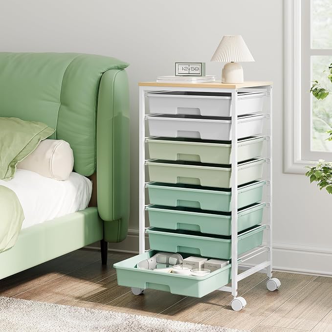 Storage Cart with 8 Drawers, Utility Cart with White Drawers and Wooden Tabletop, Craft Cart, Teacher Organization for Classroom, Storage Furniture, Office Organization, Green