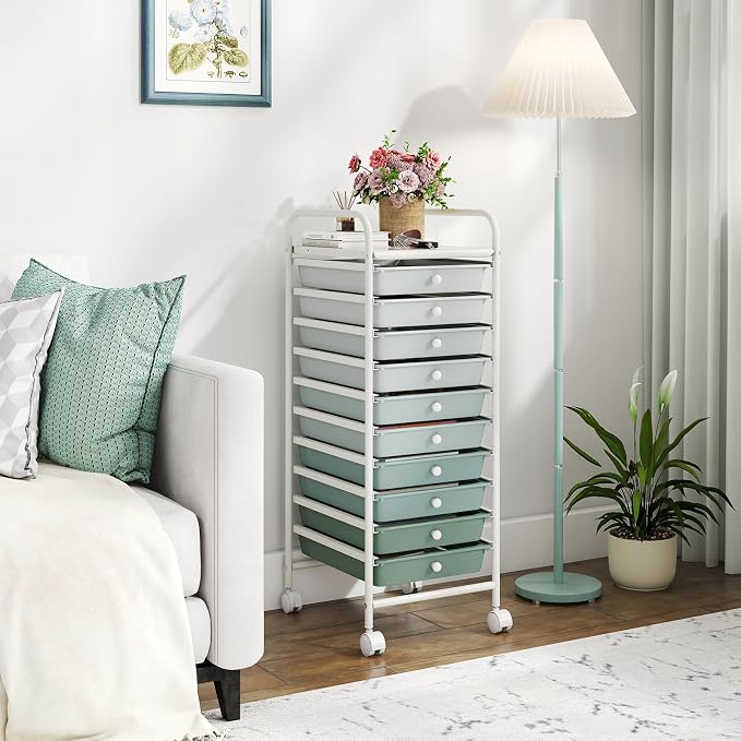 LDAILY 10-Drawer Rolling Storage Cart, Rolling Storage Cart, Storage Organizer on Wheels, Metal Frame, Scrapbook Paper Tools, Suitable for Office School, Classroom (Gradient Green, 10 Drawer)
