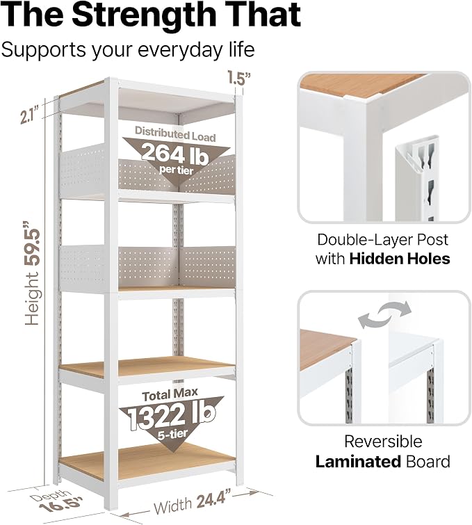 HOMEDANT 24" W Pegboards Storage Rack 5-Tier Heavy Duty Boltless Metal Utility Shelving Unit for Pantry Garage 1Pack