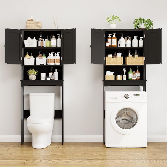 RRX Over The Toilet Storage Cabinet, Bathroom Above Organizer (Black) | Free Standing Toilet Rack with Adjustable Shelf and Open Storage, Double Doors, Space Saver,24.8" L x 9.1 "W x 65.7 "H