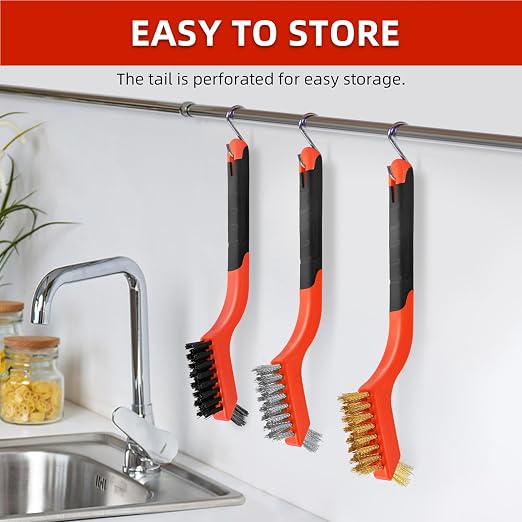 3PCS Wire Brushes for Cleaning Rust, Nylon, Brass & StainlessSteel Bristles | Upgrade Wire Brush Set with Curved Handle Grip for Paint, Rust & Stain Removal, 7-Inch Small Metal Wire Brushes