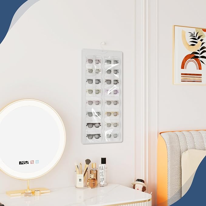 Hanging Sunglasses Organizer and Storage, 32 Slots Jewelry Holder, White | Protect eyewear from dust with double-sided clear compartments; roof design hangs on wall, door or closet for home/RV travel.