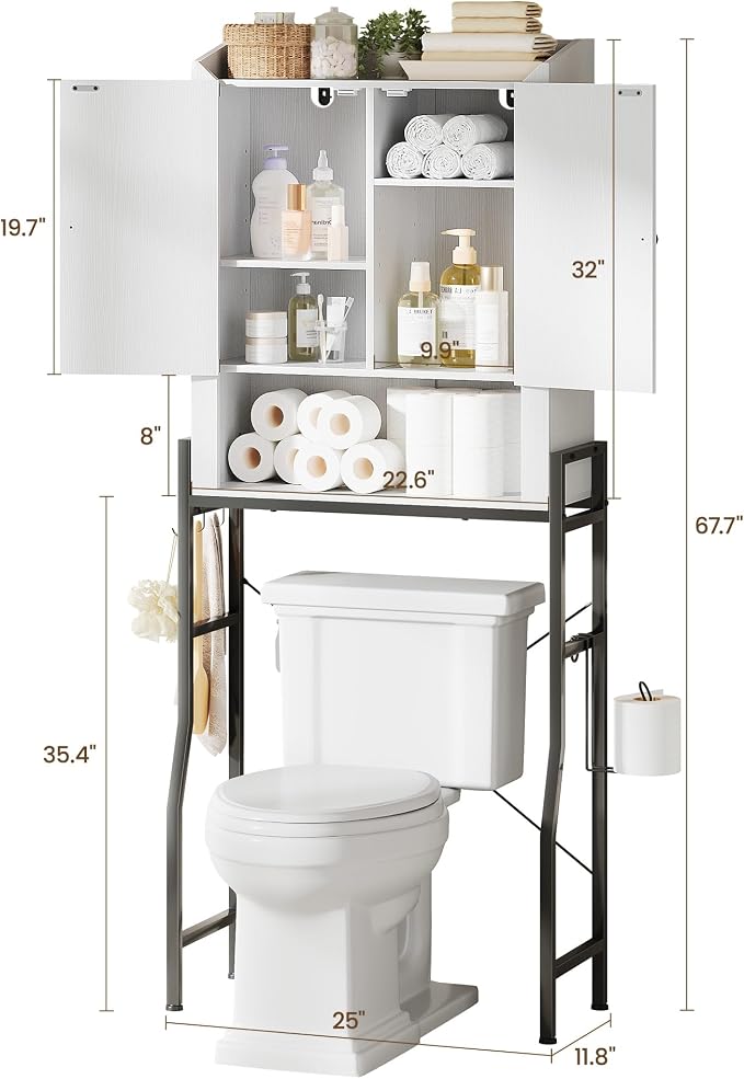Memobarco Over The Toilet Storage Cabinet with 2-Door & Metal Stand, White | Toilet Paper Holder, 3 Extra Hooks, Anti-Tipping Device, With Adjustable Shelves, for Bathroom, Restroom, Laundry