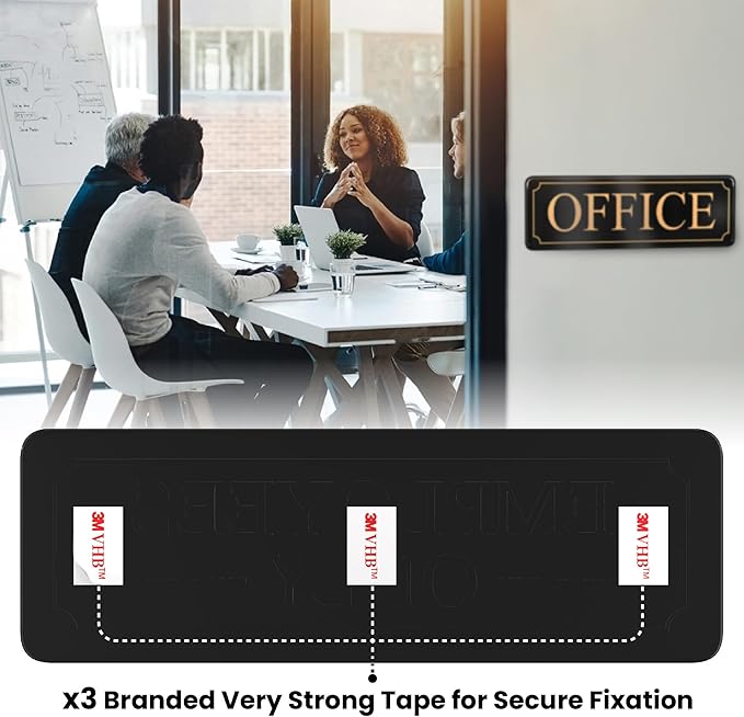 The Office Door Sign for Your Home and Business with Bigger Gold Letters - Bright Acrylic Self-Adhesive Sign 9×3 in with Double Sided 3M Tape - Quick and Easy Installation Without Any Tools
