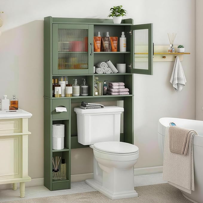 Vabches Over-The-Toilet Storage Cabinet, Farmhouse Style with 2 Acrylic Waves Doors, Space-Saving Home Storage Rack for Restroom, Bathroom and Laundry Room. Green