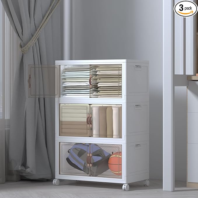 Stackable Storage Bins with Lids, Collapsible Storage Boxes, Foldable Plastic Storage Drawers for Bedroom,Office, Dorm (3, White, M)
