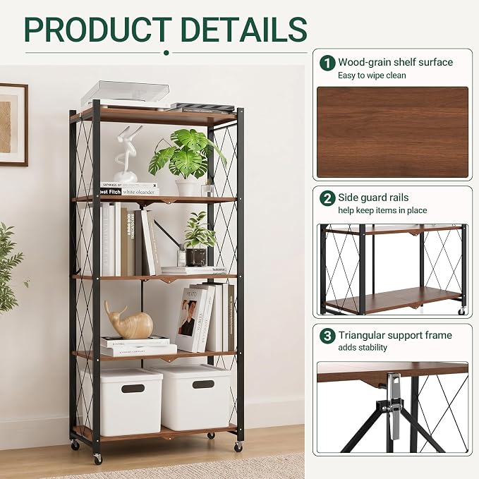 black leopard 5-Tier Foldable Shelf with Wheels, Wood-Grain Steel Shelves | Pre-assembled frame unfolds in seconds with tool-free wheel setup for fast, convenient use.