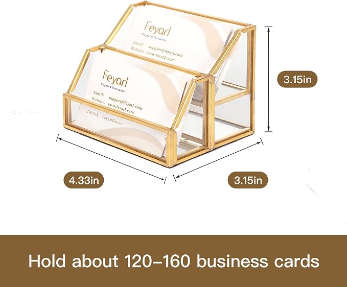 Feyarl Gold Glass Business Card Holder 2 Slots Name Cards Display Stand Business Cards Organizer Storage for Office Meeting Front Desktop Countertop
