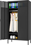 Ustamio 71 Inches Black Metal Wardrobe Cabinet with Hanging Rod, Metal Armoire Wardrobe Closet with Doors for Bedroom, Office, Laundry Room and Changing Room, Metal Locker Cabinet