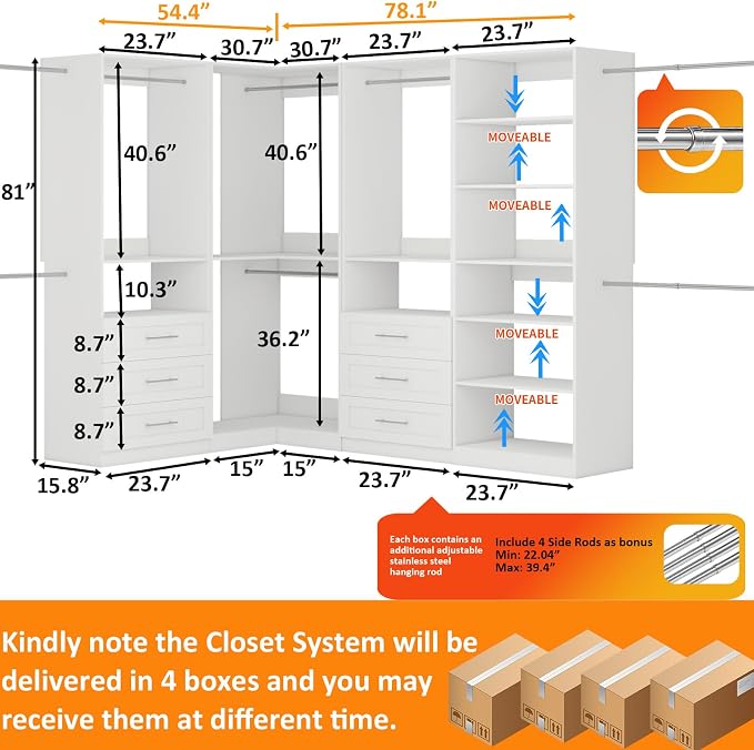 Closet Organizer System with 6 Wooden Drawers, 54.4"-259.4" Walk-In Closet System, 8 Shelves, 8 Hanging Rods, Heavy Duty Modular L-Shape Corner Closet System for Walk-In Closet, White, 4 Sets