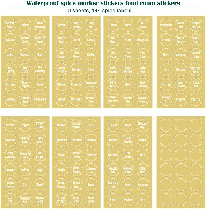 144 Pcs Transparent Spice Labels, Numbers for Jar Organization, Food Labels Waterproof Kitchen Seasoning Names Label, Preprinted White Letters Pantry Stickers (Transparent)