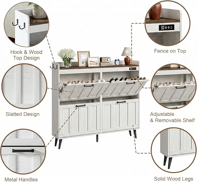 ChooChoo Shoe Storage Cabinet with 4 Flip Drawers, Deodorizing Shoe Organizer Storage for Entryway, Freestanding Hidden Slim Narrow Shoe Rack Cabinet, Antique White & Brown