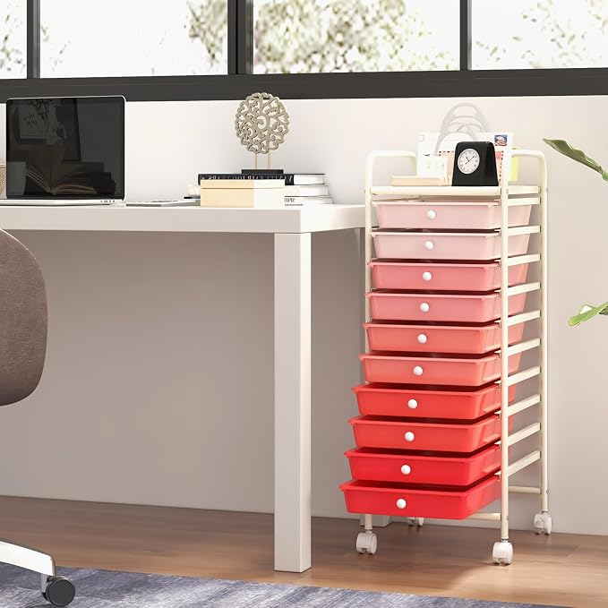 GOFLAME 10-Drawer Rolling Storage Drawer Cart, Utility Cart with Removable Drawers & Metal Frame, Mobile Art Craft Drawer Cart with Lockable Wheels for Home, Office, Studio, School, Pink