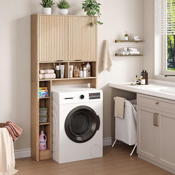 AKMAKM 31''W Over the Toilet Storage Cabinet with Fluted Door, Oak Bathroom Organizer with Adjustable Shelf, 67''H Tall Natural Toilet Paper Holder Stand Wave Door for Restroom, Laundry Room