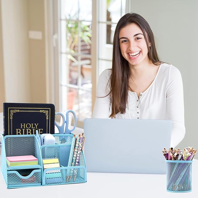 12 in 1 Desk Organizers and Accessories Set, Blue Gifts for Coworkers, Office Supplies Include Stapler Pen Holder Tape Holder Scissors Ruler Staple Remover for Home School