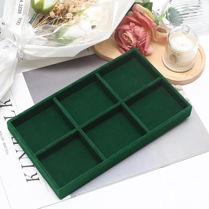 Velvet Jewelry Trays for Drawers, Dark Green Stackable Jewelry Drawer Organizer Inserts, Ring Earring Necklace Bracelet Holder Organizer Storage Display Tray with Removable Dividers, 6 Grids