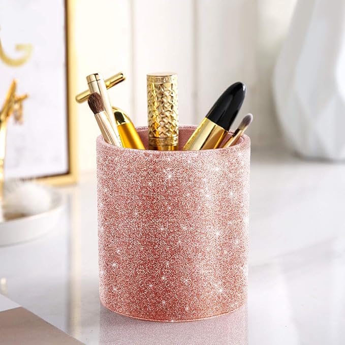 Glitter Pen Holder for Desk Cute, Pencil Cup Organizer, Rose Gold | Makeup Brush Holder, Desk Accessories, Large Pu Leather Multi-Functional Organizer for Office, Classroom, Home
