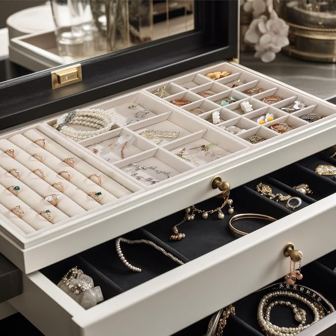 Highergo 8 Pcs Velvet Jewelry Trays Stackable Drawers Organizer Ring Earring Bracelet Necklace Storage Trays, 8.3x4.7x1''(Mixed Style)