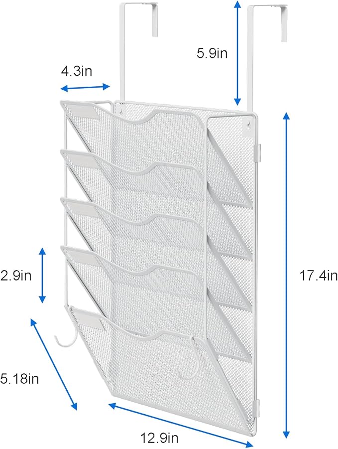 BOHDK Wall File Organizer, Hanging File Folder Organizer, Vertical Mesh Metal Door/Wall Mount Hanging File Holder. Paper Document Magazine Rack with Hooks for Home Office Black (5 Pockets White)