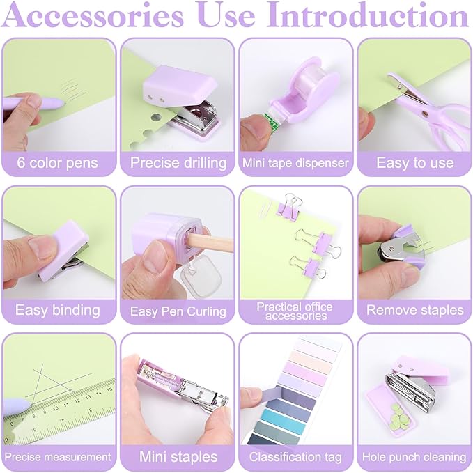 Mini Office Supplies, Purple School Supplies with Sticky Notes,Mini Stapler,Tape Dispenser,Hole Punch,Staple Remover,Staples,Clips,Scissor,Pen (Purple)