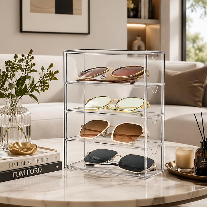 Fordonral Clear Plastic Organizer, Transparent Glasses Holder Storage Drawers, Sunglass Case Glasses Display Stand, Acrylic Organizers for Organizing Eyeglass, Hair Ties, Accessories