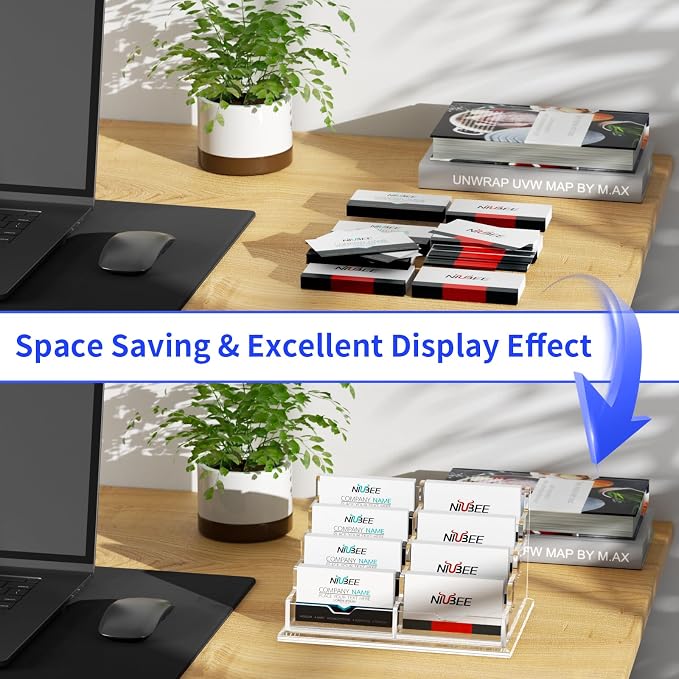 NIUBEE Clear Business Card Holder 4 Tier Acrylic Business Card Stand, 8 Slots Business Card Display for Desk Counter, 600 Card Capacity, 1 Pack
