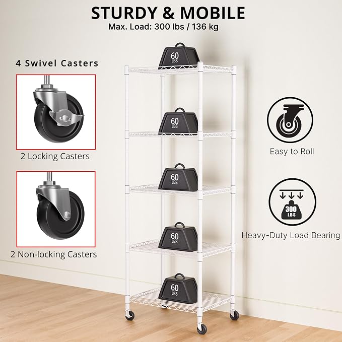 REGILLER 5-Wire Shelving Metal Storage Rack Adjustable Shelves,Standing Storage Shelf Units for Laundry Bathroom Kitchen Pantry Closet(White,11.8" D x 16.6" W x 53.5" H,With Wheels)