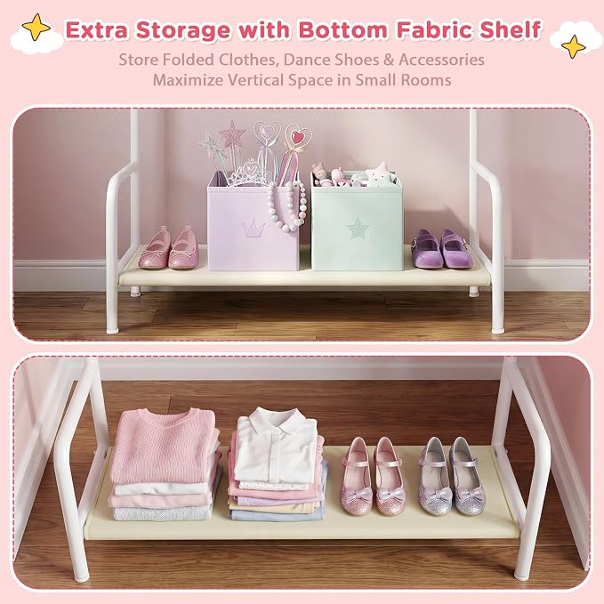 LOVEGRASS Kids Clothing Rack Double Rods for Bedroom Playroom White | Double Rod Design, Powder Coated Steel, Bottom Storage Shelf, for Baby Toddler Clothes, Dress Up, Nursery, Bedroom, Playroom