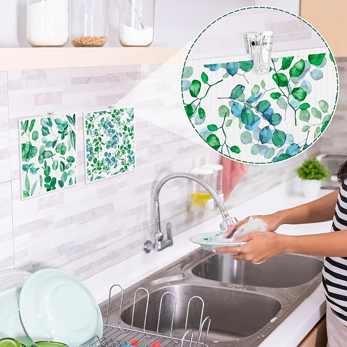 Needbrock 6 Pack Swedish Dishcloths for Kitchen, Swedish Rags Absorbent Green Leaf Dish Cloths with Adhesive Clips, Reusable Paper Towels No Odor for Countertop Dishes Cleaning