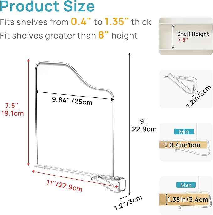 Vtopmart 12 Pack 7.5in Height Shelf Dividers for Closet Organization | Clear, Plastic, Space-Saving, Easy to Install, Fit Shelf Thicknesses 0.4"-1.35", for Purses, Hangbags, Towel and Book
