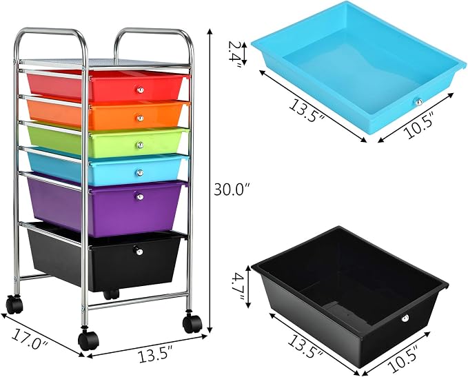 DREAMADE Rolling Rainbow Cart with 6 Drawers, Utility Cart with Removable Plastic Drawers, Lockable Wheels, Art Cart for Classroom Organization Art Supplies Office Scrapbook (6 Drawers, Multi-color)