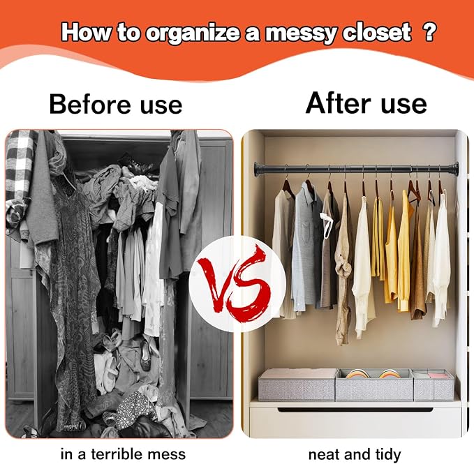 No Drilling Closet Rods for Hanging Clothes, Adjustable 30-88 in | Black, Metal, Heavy Duty, Space Saving, Suitable for Wardrobes, Laundry, RV